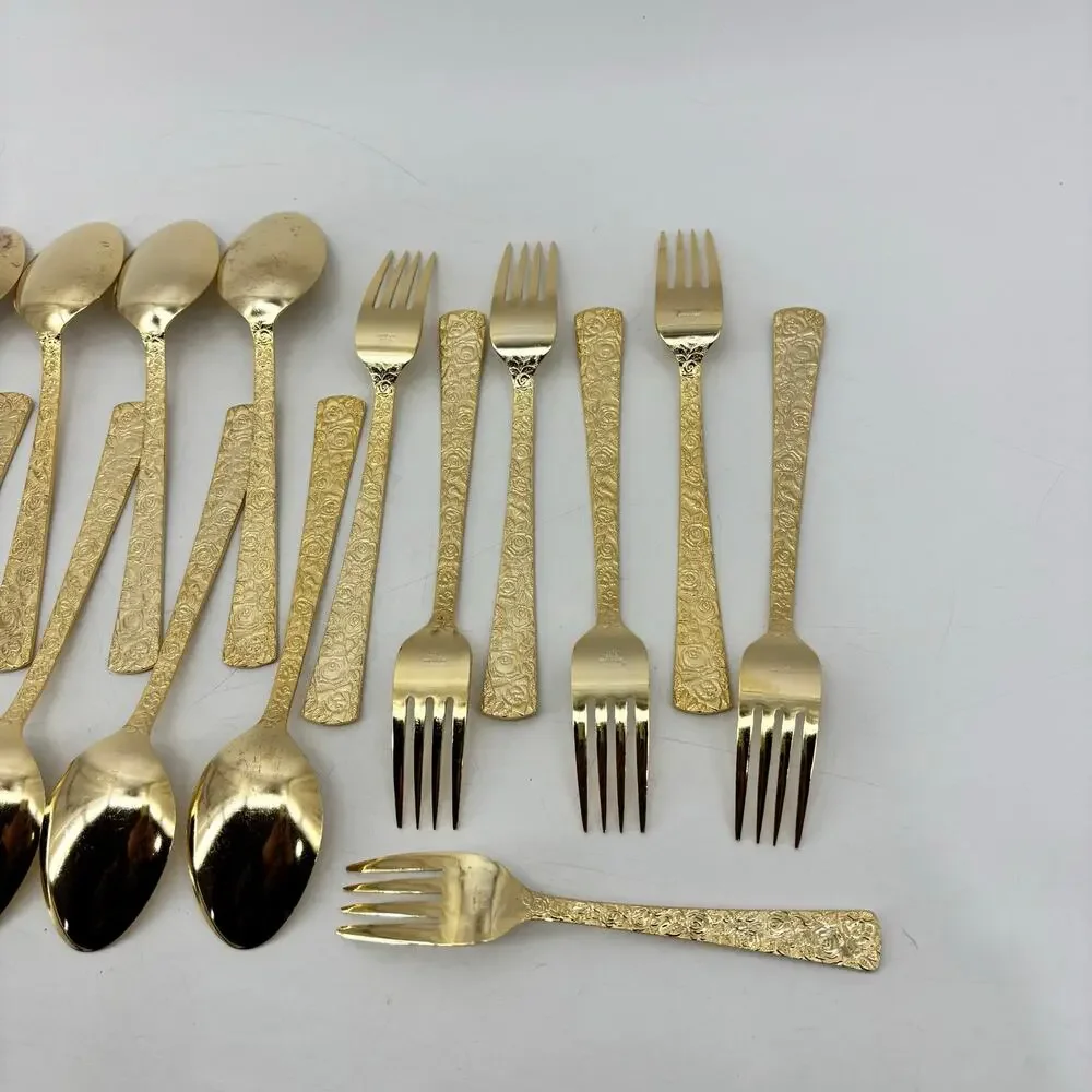 Vtg Hollywood Regency Dinner Spoons Fork Gold Stainless Steel 25 Pieces Japan